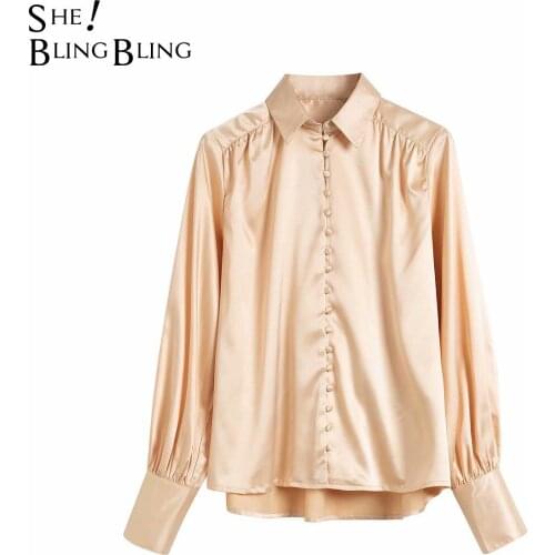 SheBlingBling Za Woman 2021 Casual Tops Summer Ruched Long Sleeve Single Breasted High Low Hem Satin Loose Shirt Traf Blouses