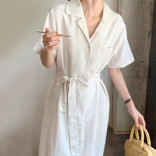 ZCSMLL Korean Turn-down Collar Single-breasted Lace-up Waist Casual Loose Big Size Over-the-knee Women Vintage Dress 2021