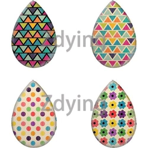 Zdying 10pcs Colorful Flowers Leaves Stars Geometric Pattern Tear Drop Shape Glass Cabochon Photo For Base Tray Jewelry Findings