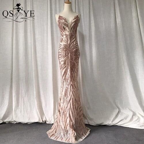 Golden Evening Dress Petal Lace Sequin Mermaid Prom Gown Triangle Net V Neck Formal Dress Spaghetti Straps Women Party Gown Gold