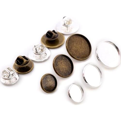 10pcs 12/14/16/18/20mm Inner Size Silver Plated Bronze Brooch Style Cabochon Base Blank Cufflink Spacer Settings Tie Tack Pins
