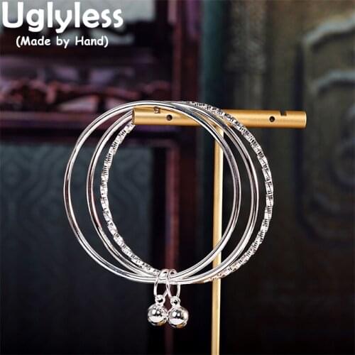 Uglyless A Bunch 3pcs Bangles for Women Real Ag999 Silver Twists Bangles Glossy Silver Balls Charms Bracelets Minimalism Jewelry