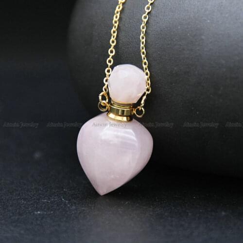 3pcs Natural Rose Quartz Love Heart Shape Perfume Bottle Pendants Gold Color Chain Necklace For Fashion Women Jewelry