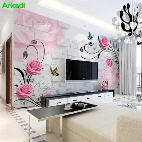 3d pink floral butterfly living room TV background wallpaper bedroom mural warm simple modern roses