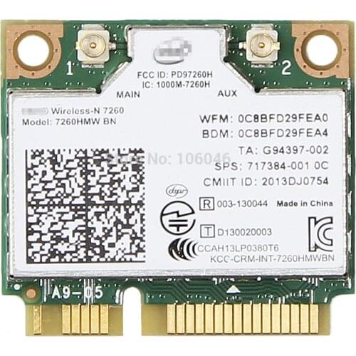 Wireless Network PCI-E card For Intel 7260 7260HMW BN 802.11bgn 300Mbps Wifi+Bluetooth 4.0 Half Mini Wlan Adapter For Dell Asus