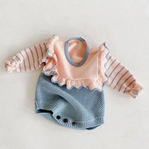 Spring Autumn Kids Girl Long Sleeve Rompers Clothes New 2020 Infant Baby Girls Lace Knit Stripe Rompers Clothing