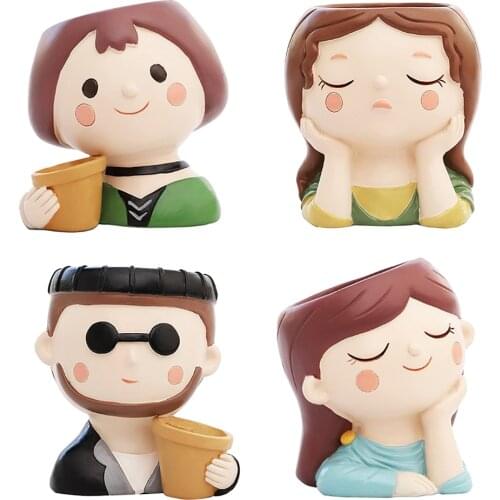 Resin Girl Flower Pot Vase Desktop Succulent Planter Cotnainer Home Office Decor