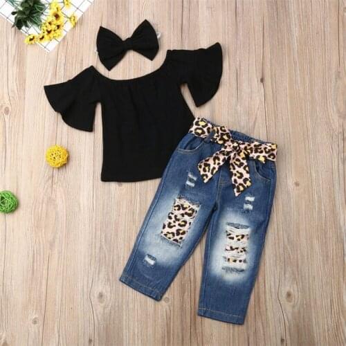 Toddler Kids Baby Girl Spring Autumn Off Shoudler T-shirt Top Denim Pants Ripped Jeans Headband Leopard Outfit 3PCS
