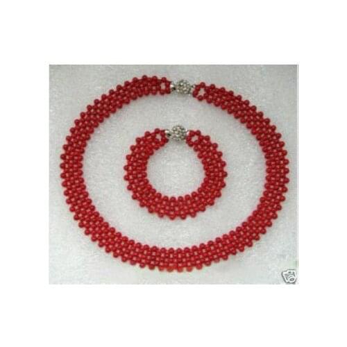 Beautiful Set of Red Coral Beads Necklace Bracelet