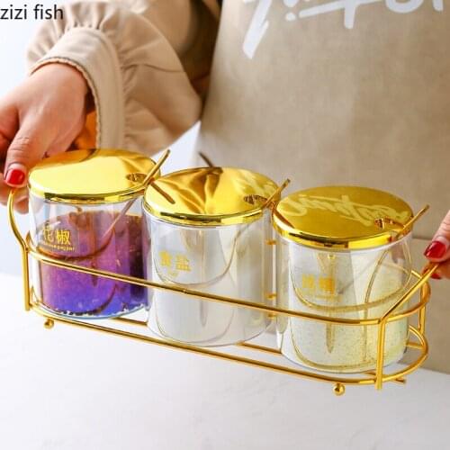 Creative Transparent Glass Seasoning Jar with Golden Lid Household Salt Sugar Chili Jar Sealed Jam Jar Kitchen Storage Container