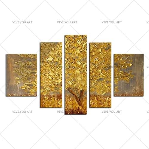 Best Golden Abstract Fortune Lucky Trees Handmade Landscape Oil Paintings On Canvas Wall Art Pictures For Living Room Home Decor