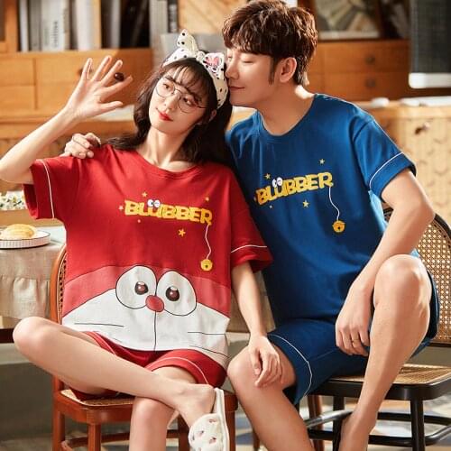 Cute Doraemon Japan Anime Summer Pajamas Set For Women Loose Casual Couple Short Sleeve Sleepwear Plus Size Cotton Men Homewear