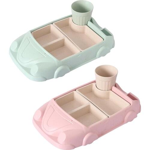 Cartoon Car-Shaped Bamboo Fiber Eco-Friendly Dinner Plate Cutlery Meal Set 4-Piece Set For Kids Toddlers Plate Bowl Water Cup