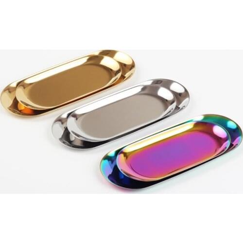 Stainless Steel Towel Tray Storage Tray Dish Plate Tea Fruit Bread Trays Cosmetics Jewelry Organizer Gold Oval Metal Dinnerware