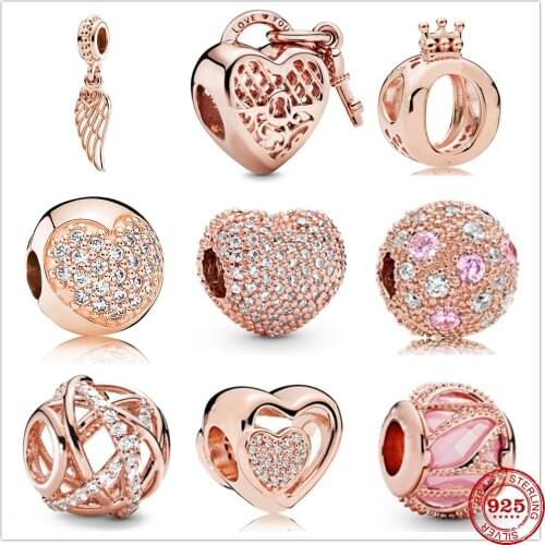 New Pink Love Heart Clip White Zirconia Beads Rose Charm fit Original Pandora charms Silver 925 bead Bracelet DIY Women Jewelry