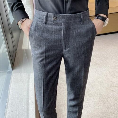 2021 Autumn Winter Classic Striped Business Dress Pants Men Korean Office Social Suit Pant Casual Slim Wedding Groom Trousers