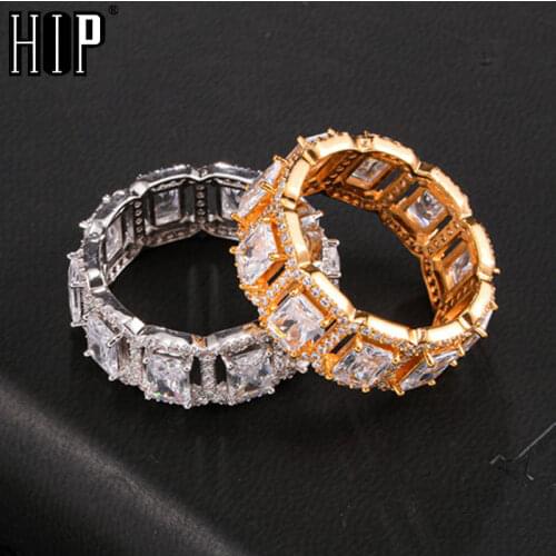 Hip Hop Popular Baguette Tready Bling Iced Out Copper Zircon Ring For Men Women Jewelry