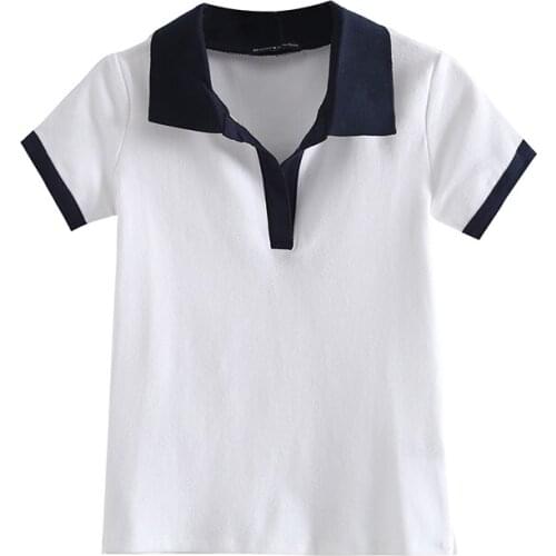 Casual Women Soft Cotton Turn-down Collar T-shirt 2021 Summer Fashion Ladies High Street Straight T-shirt Female Patchwork Top
