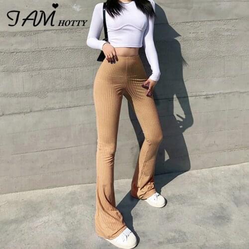 Strechy Knit Sweatpants Women Casual Solid Basic Flare Korean Fashion Streetwear Cargo Pants Retro Jogging Tousers 2021 Iamhotty