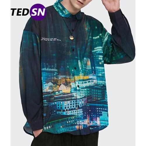 3D Building Print Long Sleeve Shirts Mens Autumn Harajuku Beach Shirt Hip Hop Streetwerar Color Block Cotton Loose Shirts Tops