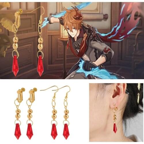 Game Genshin Impact Childe Tartaglia Cosplay Earrings Red Crystal Clip-On Earrings Cartoon Figure Cosplay Cartoon Figure Gift