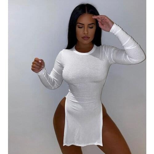 SEASONS Knitted Unique Design T-shirts Women Long Sleeve Bodycon Solid Tops Female Casual Side Spilt Clothing Tees ASTS83271