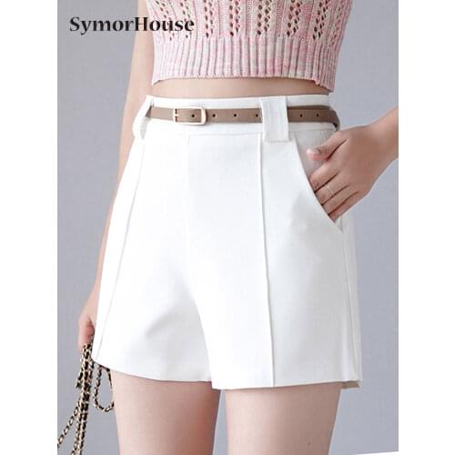 Summer Women Shorts High Waist Wide Leg Shorts Casual White Black Hot Loose Shorts With Belt Ladies Office Work Wear Clothes
