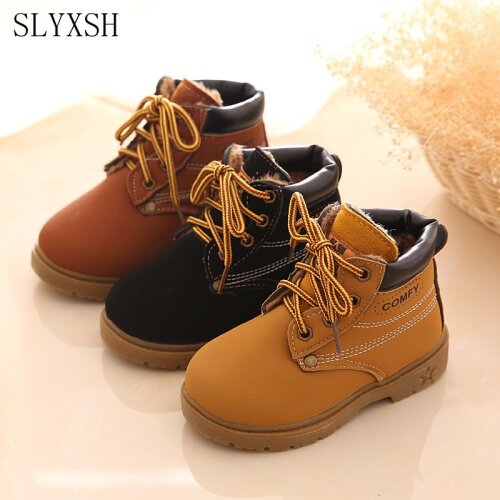 SLYXSH winter Fashion Child Leather Snow Boots For Girls Boys Warm Boots Shoes Casual Plush Child Baby Toddler Shoe