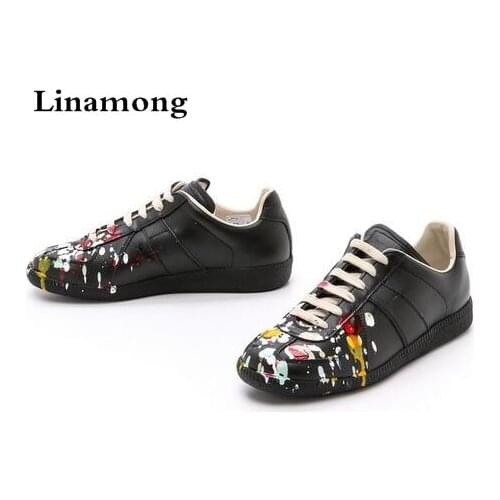 High Quality Men Fashion Black White leather paint splatter Low Top Casual Shoes Unisex Luxury Brand Spring Autumn Flat Shoes