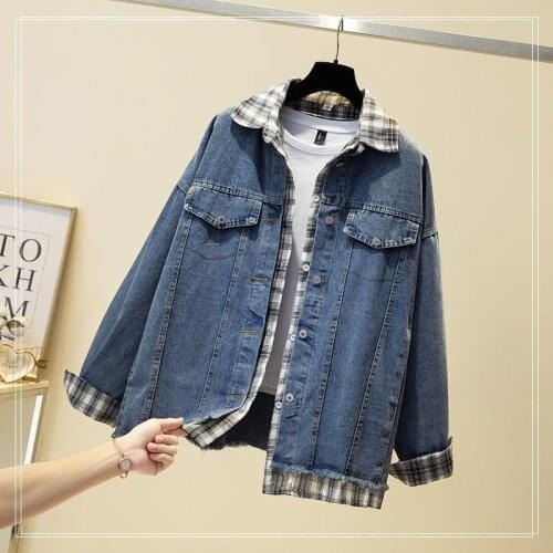 Fake Two Pieces Plaid Stitching Jean Jacket Women Clothes Oversized Jeans Denim Coat Loose Coats Spring Fall Casual Jackets