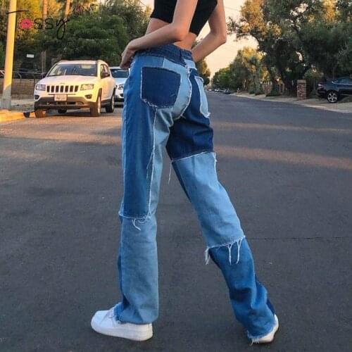 Tossy Patchwork Womens Jeans Baggy High Waist Y2K Straight Denim Cargo Pants Pocket Fashion Streetwear Long Trousers 2021 New