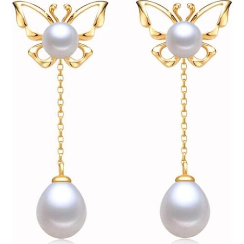 Women Gift word 925 Sterling real Sweet butterfly drop shaped hollow natural pearl earrings earrings long tassel of a fou