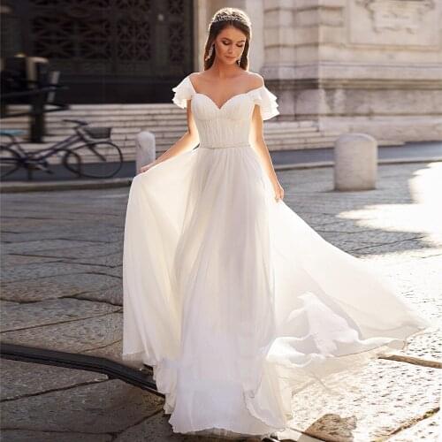 Best Sweetheart Boho Wedding Dress Cap Short Sleeves Vestido de Novia 2021 Draped Chiffon Boho Beach Beading Bridal Gown