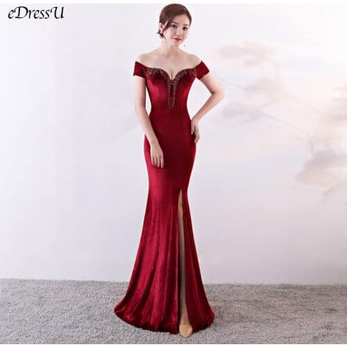 2020 Evening Dress Sexy Split Prom Dress Off Shoulder Mermaid Vestido de Fiesta Velvet Formal Dress Burgundy Long Dress YNY-1006