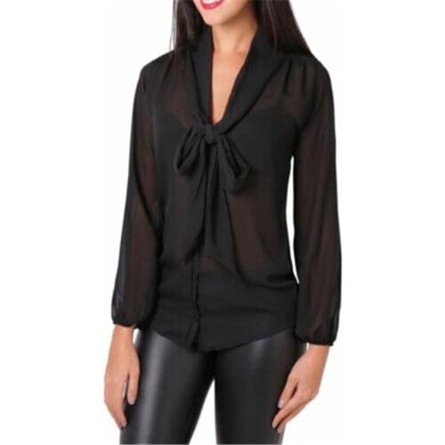 Fashion Female Chiffon Shirt Lady Casual Solid Bow Blouse Loose Sexy V-Neck Women Long-Sleeved Blusas Ropa Mujer