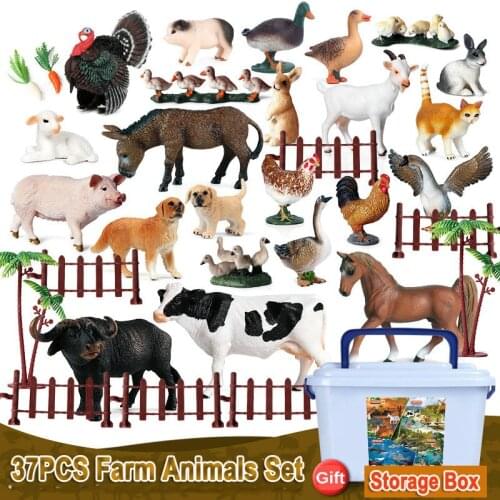 37PCS Farm Animal Model Set With Storage Box Pvc Cow Chicken Duck Goose Rabbit Sheep Horse Action Figure Educational Kids Toys