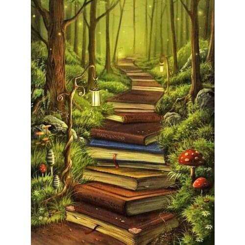 Diamond Embroidery DIY Diamond Painting Cross Stitch Picture Paved road with books in the forest