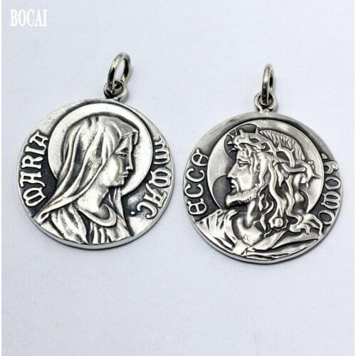 BOCAI New real s925 pure silver Jesus pendant handmade Catholic statue lettering Virgin Mary round tag pendant for men and women