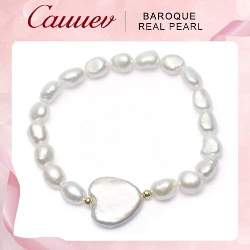 Cauuev Genuine Natural Freshwater Pearl Bracelets for women 12-13mm Heart-shaped pearl Big Button Baroque Pearl Jewelry 2019