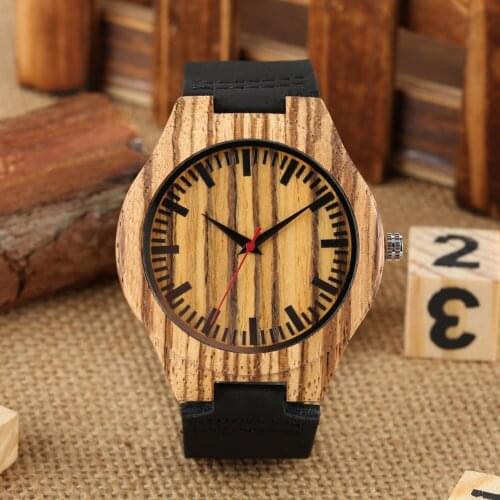 Wooden Watches Black Leather Band Lightweight Big Dial Natural Wooden Watches Environmental Protection Quartz Men Wristwatches