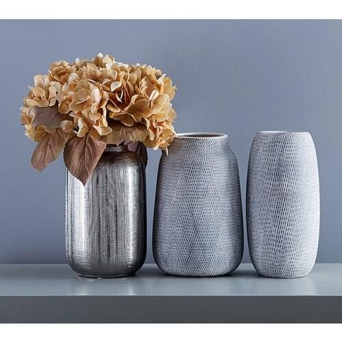 Europe Creative Ceramic vase with grid pattern high quality Silver gray cylinder vases tabletop art large vase home decoration