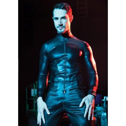 Sexy Men Wetlook Jumpsuit Patchwork Faux Leather long Sleeve romper Patchwork Gay costume Clubwear Men Lingerie Fetish Body Suit