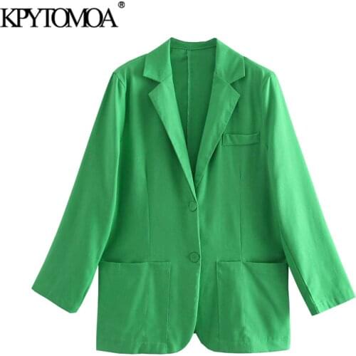KPYTOMOA Women 2021 Fashion Loose Fitting Green Linen Blazer Coat Vintage Long Sleeve Pockets Female Outerwear Chic Veste Femme