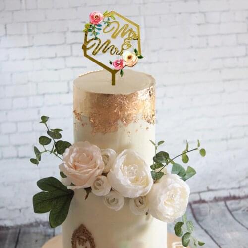 Colorful flower print mirror gold mr & mrs cake topper acrylic wedding cake topper cake decorating party decoration