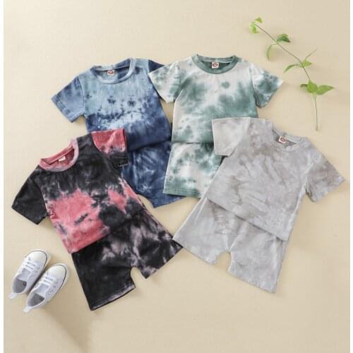 2Pcs Toddler Summer Outfit, Unisex Tied-Dye Short Sleeves T-Shirt + Elastic-Waist Shorts for Small Girls, Boys, 4 Colors
