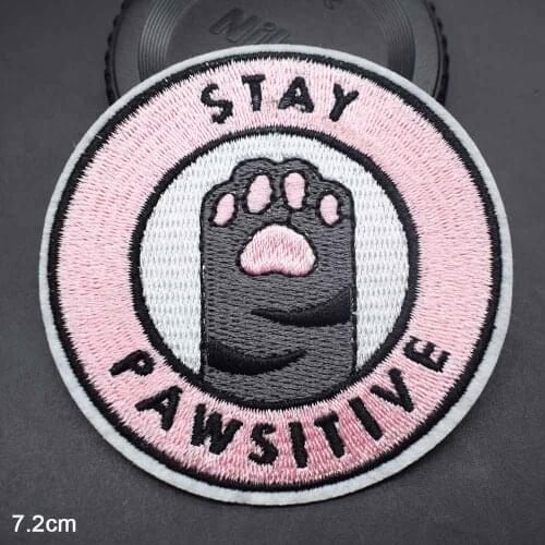 Blinking Round Pink Cat Stay Pawsitive Cute Dog Animals Iron On Embroidered Clothes Patches For Boys Girls Kids Clothing