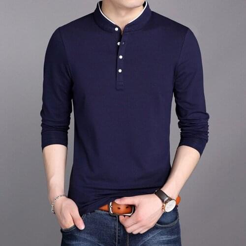 MRMT 2021 Brand New Autumn Mens T-shirt Four-button Long-sleeved T-shirt for Male Vertical Collar Pure Color Tops Tshirt