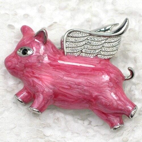 Pink Enamel Black Rhinestone Angel Pig Pin brooches C2024-A J
