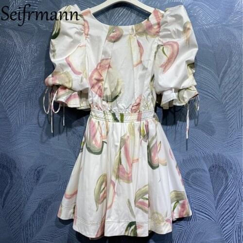 Seifrmann New 2021 Summer Women Fashion Designer Cotton Dress Flare Sleeve Bow High Waist Patchwork Floral Printed Short Dresses