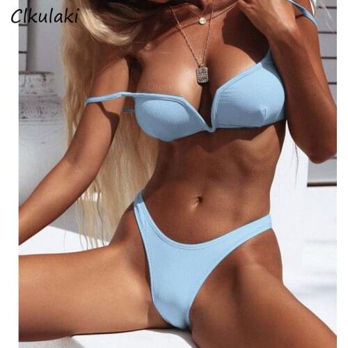 Sexy V-Neck Bandage Bikinis Swimsuit Women Push Up Two-Piece Swimwear Solid Color Bikini Set 2021 Summer Beach Swim Bathing Suit